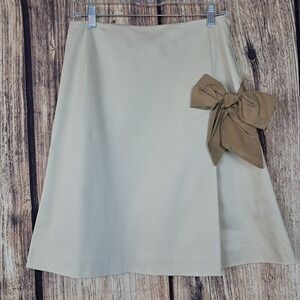 Vintage 90s TRACY REESE 6 Skirt Beige A Line Cotton Blend Brown Satin Bow Accent